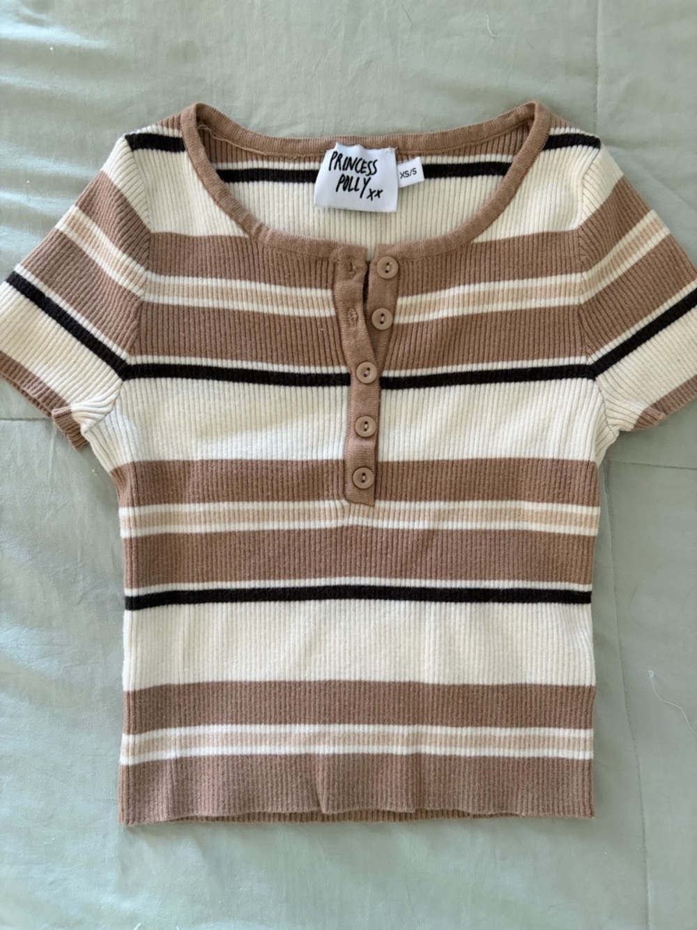 Princess Polly Ribbed Striped Henley Top - Cream, Tan & Black